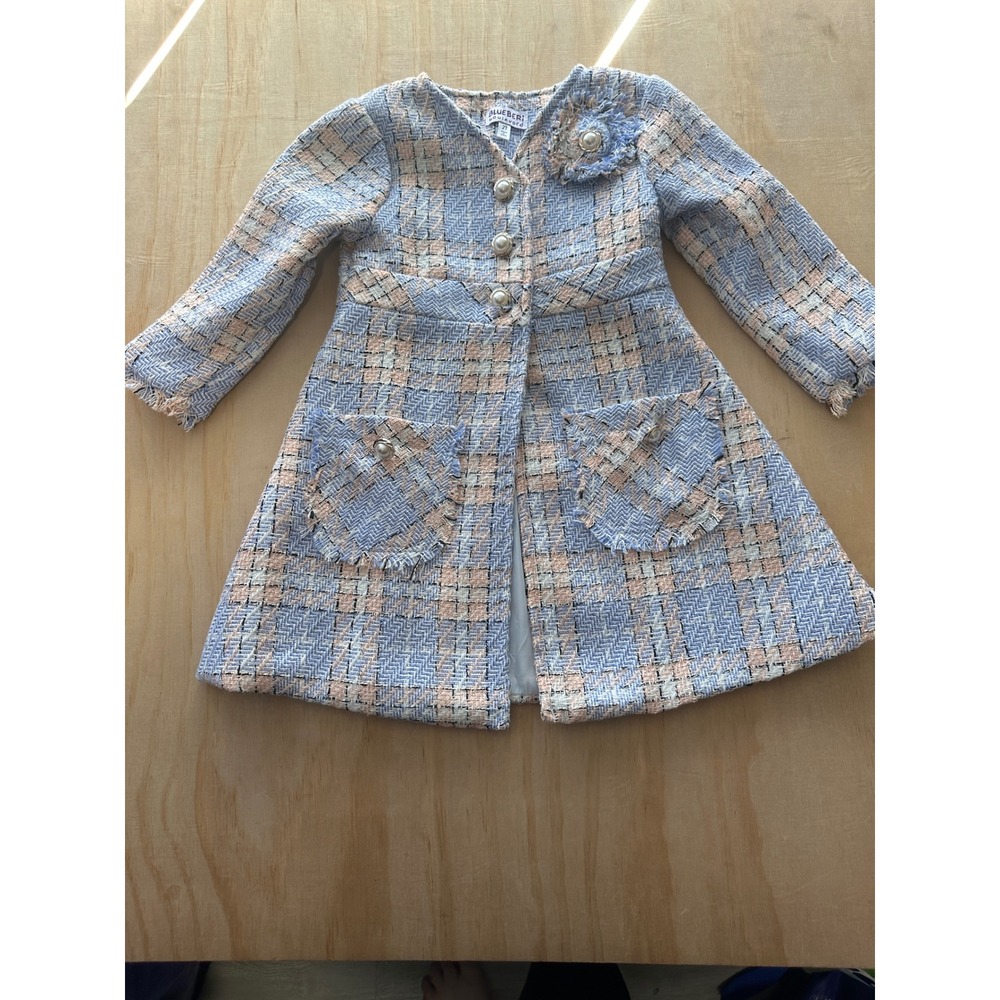 Blueberi Boulevard Toddler Girls Blue Peach Tweed Plaid Pearl Button Dress 2T